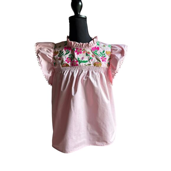 THML Tops - THML Pink Embroidered Floral Flutter Sleeve Blouse Top Medium Boho Boutique